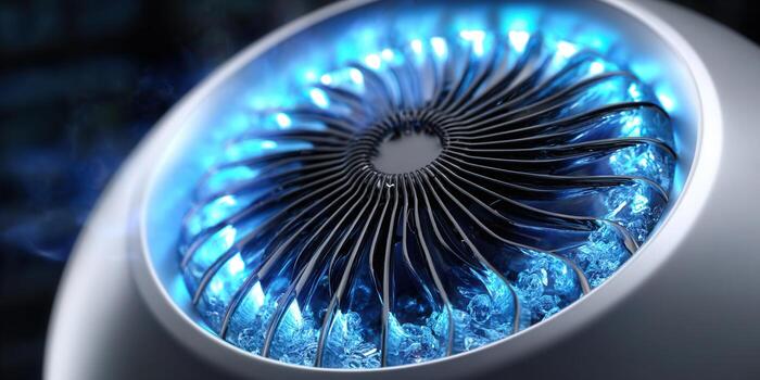 Close-up of a futuristic device with glowing blue internal elements, showing innovation. photo