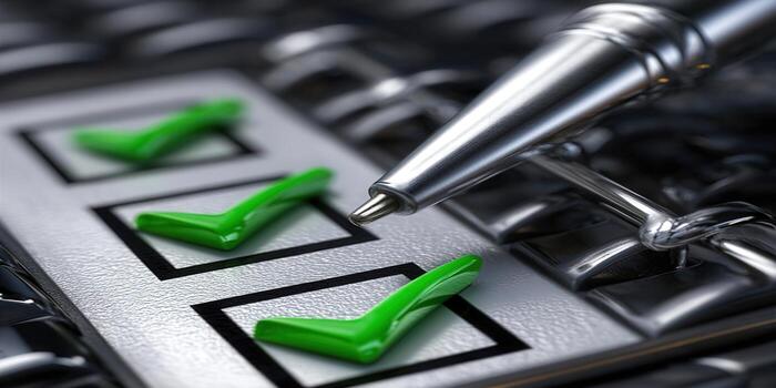 A close up shot features a checklist with a pen and green checkmarks. photo