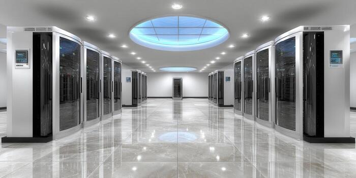 Inside a modern server room with rows of powerful servers, ready for work. photo