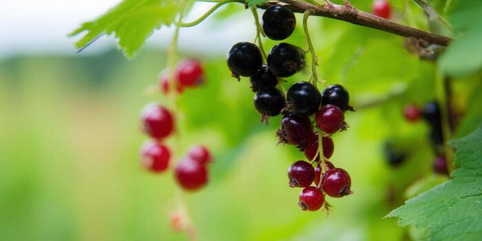 A vibrant display of black and red currants, captured in a close-up shot. photo