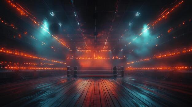 The empty boxing ring is illuminated by dramatic lighting, creating a suspenseful atmosphere. photo