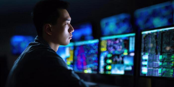 A focused Asian man monitors computer screens, possibly in a tech or security environment, with data displayed. photo