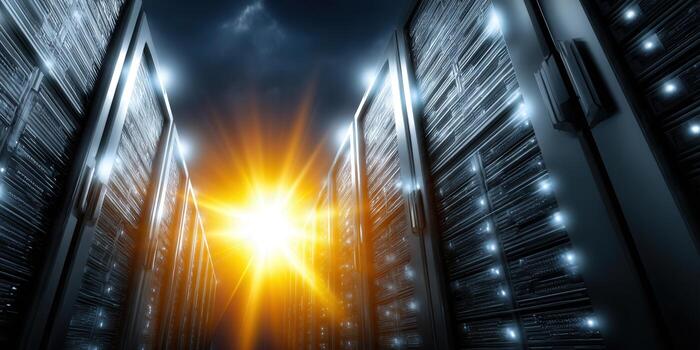 Inside a server room, showcasing technology and data storage with rows of racks and bright light. photo