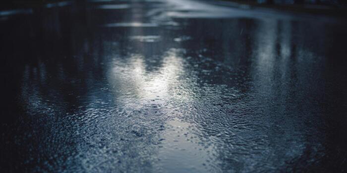 A reflective road surface glistens after the rain, creating a moody and atmospheric scene. photo