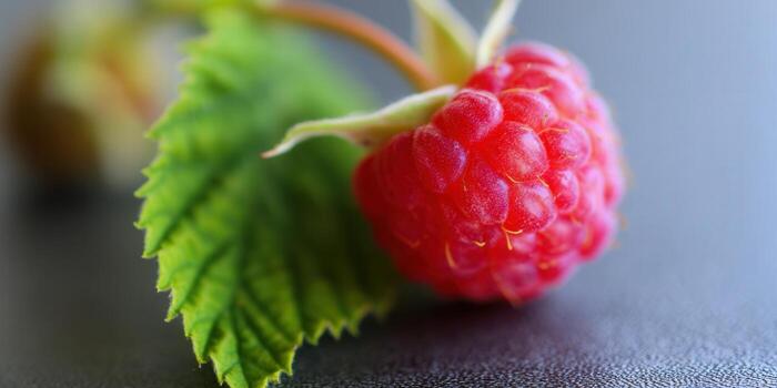 A vibrant red raspberry with a textured surface and green leaf in a close-up shot. photo