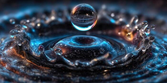 Mesmerizing water droplet suspended above a splash, showcasing vibrant colors and intricate details. photo