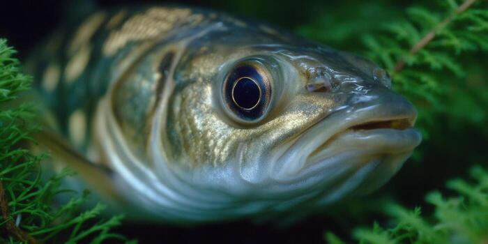 Intimate portrait of a fish, highlighting its eye and details in a serene aquatic setting. photo