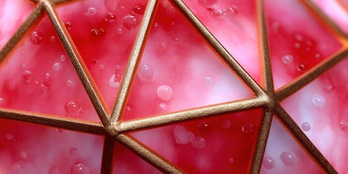 Abstract geometric design with gold lines, pink and white background, and bubbles. photo