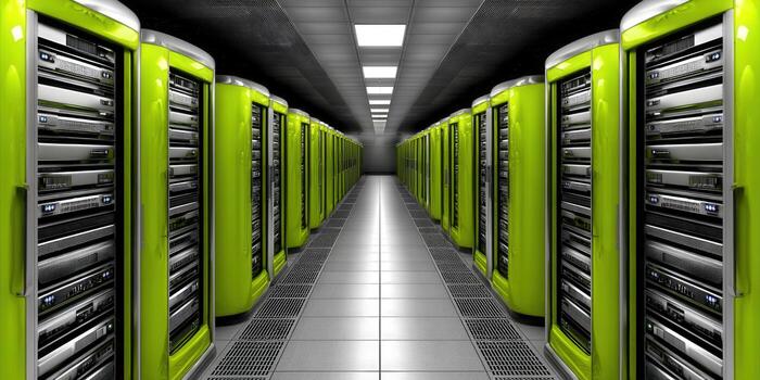A modern data center featuring rows of green server racks in a well-lit hallway. photo