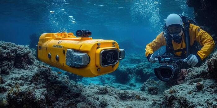 Underwater photographer with a diver captures footage of a yellow drone in the ocean photo