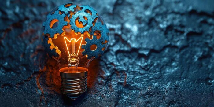 A glowing lightbulb with gears inside, representing the concept of innovation and ideas. photo
