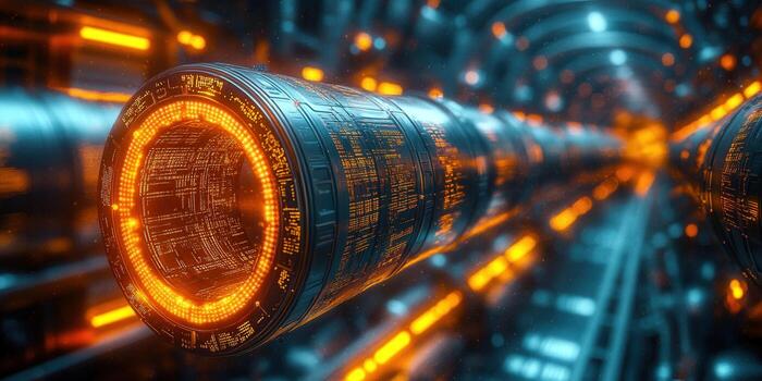 An abstract and futuristic tunnel with glowing lights, perfect for digital concepts. photo