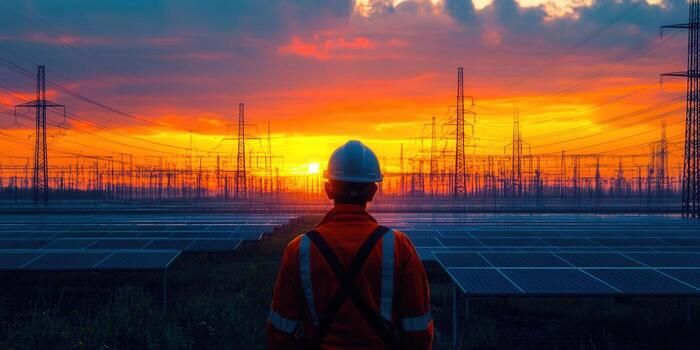 A solar engineer contemplates the sunset over a vast array of solar panels and power lines. photo
