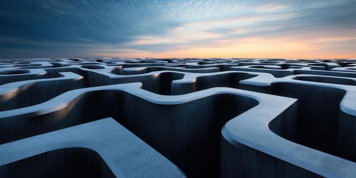 The intricate maze under the dramatic sky depicts a journey to a successful resolution. photo