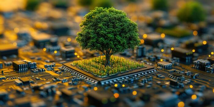 A tree flourishes from a computer chip, representing technology and nature's blend, with a sustainable focus. photo