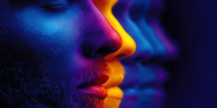 A profile view of a man's face in vibrant neon colors, creating an artistic and modern design. photo
