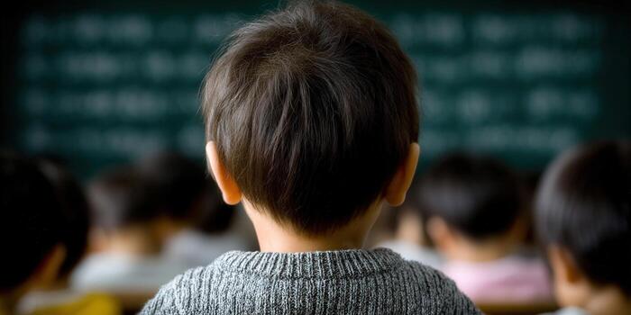 A young boy in a classroom focuses on the lesson at hand, facing the chalkboard. photo