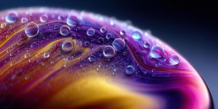 Macro shot of water droplets on a vibrant, colorful abstract surface, showing texture and detail. photo