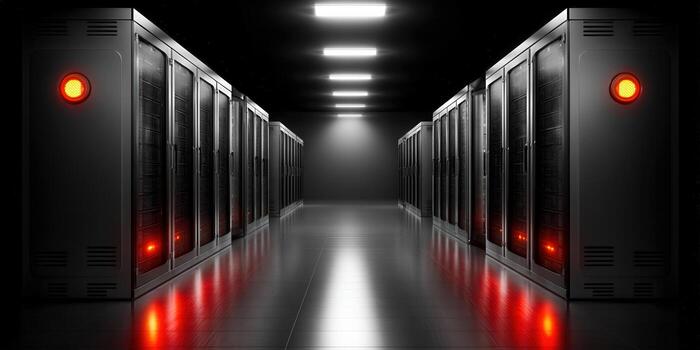 dentro un moderno datos centro, servidores son forrado arriba en un organizado, oscuro servidor habitación. foto