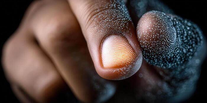 A close-up of a finger reveals a glowing fingerprint, symbolizing security and identity. photo