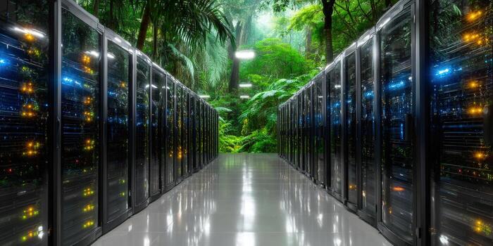 A futuristic server room blends seamlessly with a vibrant jungle environment. photo