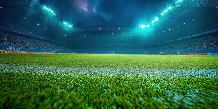 The bright lights illuminate an empty soccer stadium during the night game, ready for the match photo