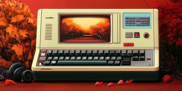 An eye-catching vintage computer set against a backdrop of autumn leaves and landscape. photo