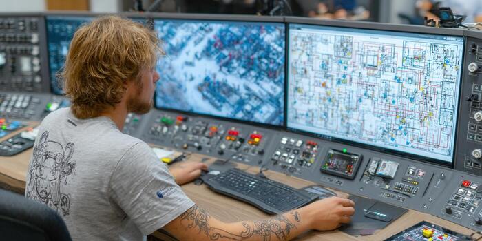 A man works at a control panel with multiple computer monitors displaying data. photo
