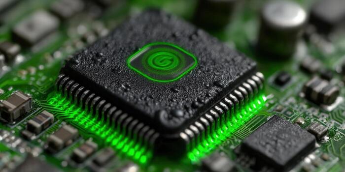 A detailed view of a glowing green processor on a circuit board, showcasing technology. photo