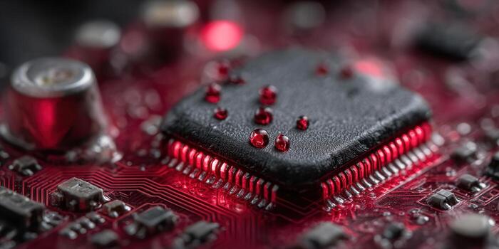 Intricate macro shot of a red-illuminated computer circuit board with a CPU and water droplets. photo