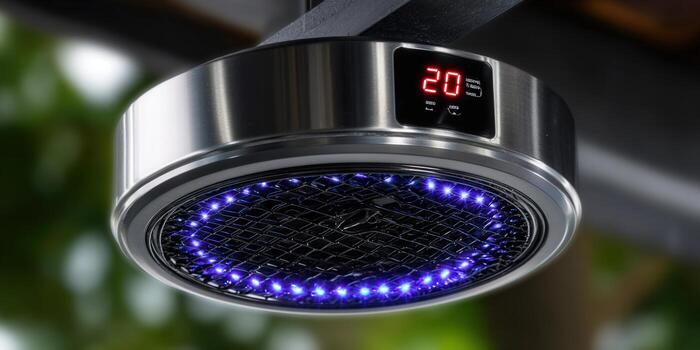 A sleek, modern device with blue lights and a digital display. photo