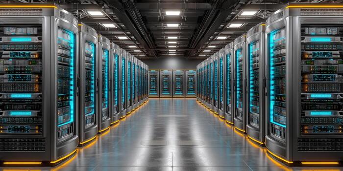 Inside a modern data center, rows of servers light up with futuristic appeal. photo