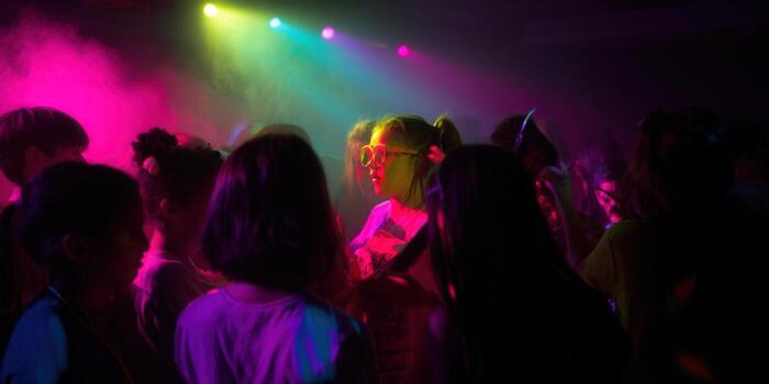 Vibrant party scene with a woman in glasses, illuminated by colorful lights in a crowded venue. photo