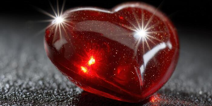 A radiant red heart-shaped gemstone shines brightly against a dark, textured backdrop. photo