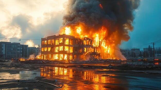 Dramatic scene of a building completely consumed by a raging fire, with intense flames and thick smoke. photo