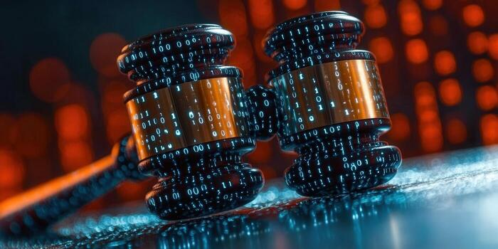 Two gavels are seen with binary code, representing digital justice and legal technology. photo