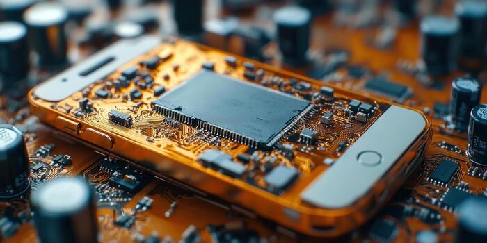 Intricate view of smartphone components, showcasing advanced electronic circuitry photo