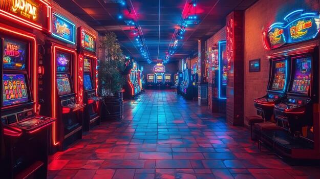 Neon-lit casino hallway with rows of slot machines, creating a vibrant and exciting scene. photo