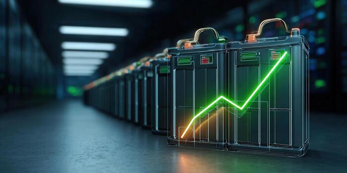 Batteries in a row with a glowing graph, representing growing energy and power. photo