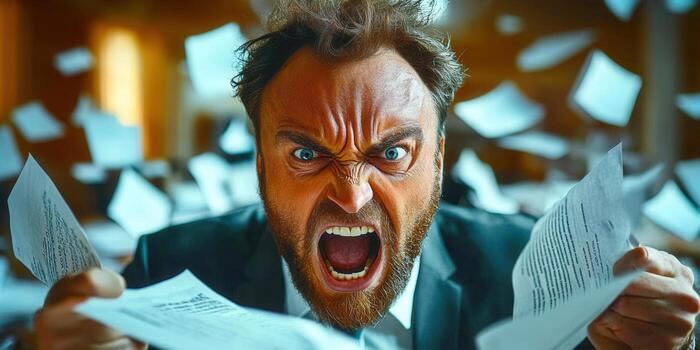 Furious businessman in a chaotic office environment, tearing documents in frustration and anger. photo