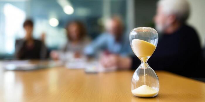 Hourglass on a table during a business meeting, emphasizing time management and deadlines. photo