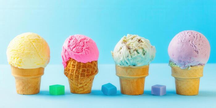 Four scoops of ice cream on waffle cones with colorful cubes photo