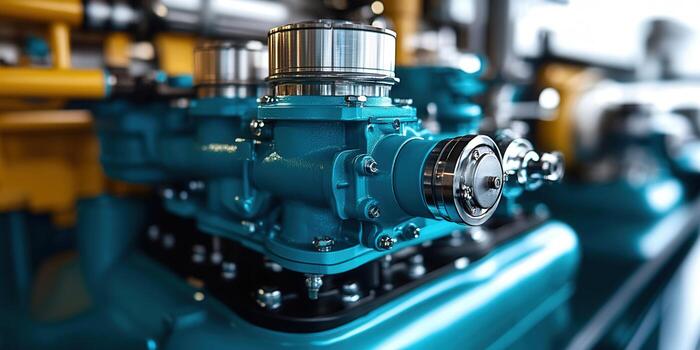 Close-up view of a complex industrial machine with blue and silver components. photo