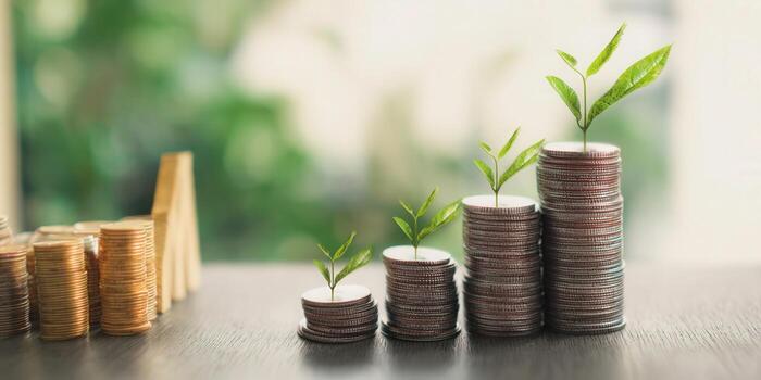 Coins stacked like a graph, with plants growing, representing financial growth and investment. photo