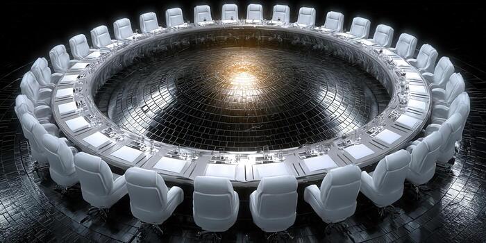 A circular conference room with white chairs and a futuristic design. photo