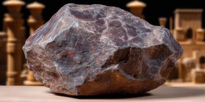 Detailed shot of a weathered rock, with a blurred background showing old buildings. photo
