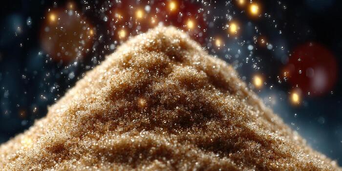 A close-up shot of a pile of golden-brown sand with falling water drops and bokeh lights. photo