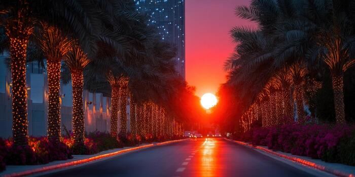 Sunset illuminates a road lined with palm trees, creating a magical ambiance. photo
