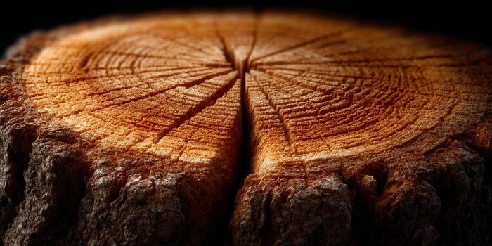 Detailed view of a tree stump showing the intricate wood grain and textures in warm tones. photo