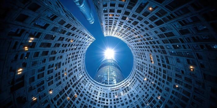 Architectural marvel A unique perspective of a modern skyscraper against the sky. photo